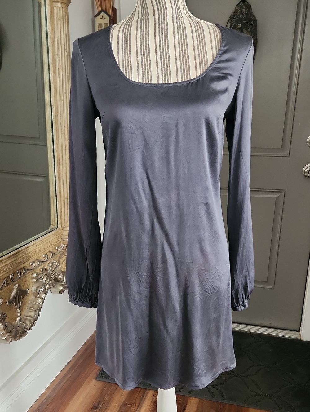 Express Y2k Scoop Neck Long Sleeve Satin Silky Dress - Blue